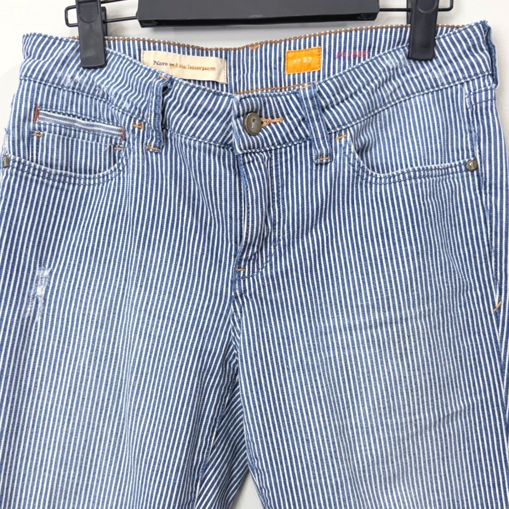 Pilcro Women 27 Stet Fit Jeans Blue White Railroad Stripe Distressed Denim